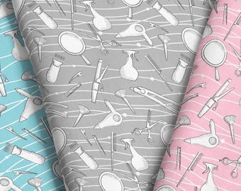 Hairdresser Fabric by the Yard | Retro Beauty Salon Fabric | Beauty Salon Tool Fabric | Hair Stylist Fabric Print in Yard & Fat Quarter