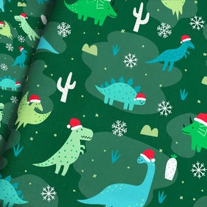 Christmas Dinosaur Fabric: Holiday Santa Dino Print with  Snowflakes - Fabric by the Yard & Fat Quarter