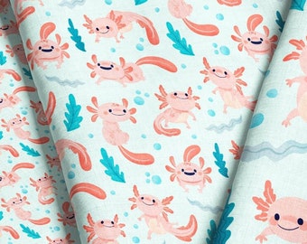 Aquarel axolotl stof / schattige roze amfibie stof / salamander stof / kawaii axolotl stof print op maat gesneden en Fat Quarter