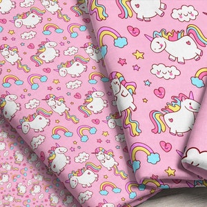Tela de unicornio cortada a medida - Rosa / Tela de unicornio gruesa / Tela infantil / Manualidades infantiles / Estampado de fantasía mágica en yardas y cuartos gruesos