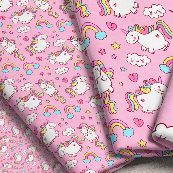 Tela de unicornio rosa – Estampado de unicornio regordete Magical Kids, melena arcoíris (cortada a medida / Fat Quarter)