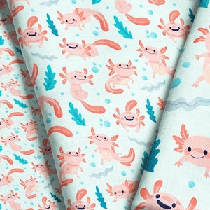 Watercolor Axolotl Fabric / Cute Pink Amphibian Fabric / Salamander Fabric / Kawaii Axolotl Fabric Print by the Yard & Fat Quarter