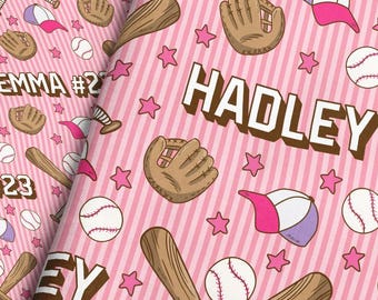 Personalized Pink Baseball Fabric / Girls Custom Name Sports Fabric / Athletic Ball Bat Gloves and Stars Fabric by the Yard or Fat Quarter