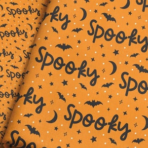 Tela espeluznante cortada a medida / Tela de brujas de Halloween naranja y negra / Tela espeluznante de murciélagos, luna y estrellas cortada a medida y Fat Quarter