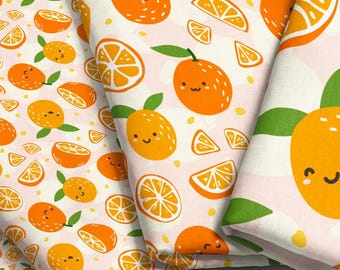 Orange Cutie Fabric / Little Clementine Fabric / Cute Orange Party Theme Baby Fabric / Kawaii Orange Fabric Print by the Yard & Fat Quarter