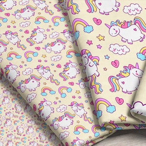 Tela de unicornio regordete cortada a medida / Estampado de unicornio kawaii para niños / Temática de fantasía pastel / Ideal para acolchado, manualidades y decoración infantil