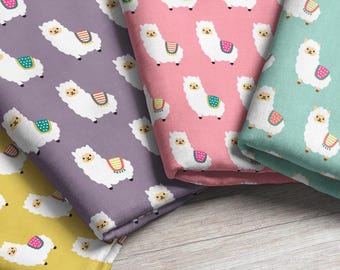 Alpaca Party Fabric – Pick Your Color – Whimsy Colorful White Llama Print by the Yard & Fat Quarter