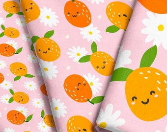Orange Cutie Fabric / Little Clementine Fabric / Cute Oranges and Flowers Pink Fabric / Kawaii Orange Fabric Print by the Yard & Fat Quarter
