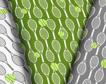 Tennis Fabric by the Yard / White, Green, and Gray Geometric Rackets and Tennis Ball Fabric Print in Yard & Fat Quarter