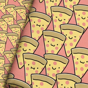 Pizza Cuties Fabric By The Yard / Cute Pizza Fabric / Funny Pizza Faces / Childrens&#39; Fabric / Slice Pink Coral Print in Yard & Fat Quarter
