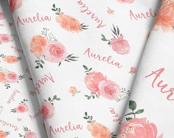 Watercolor Rose Personalized Fabric / Custom Name Fabric / Rose Floral Fabric + You Choose Name / Rose Baby Fabric by the Yard & Fat Quarter