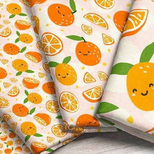 Orange Cutie Fabric / Little Clementine Fabric / Cute Orange Party Theme Baby Fabric / Kawaii Orange Fabric Print by the Yard & Fat Quarter