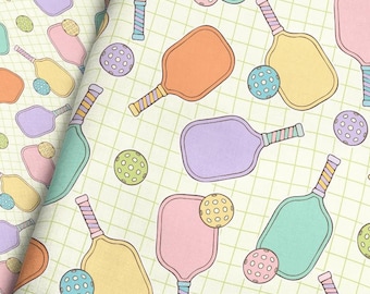 Pickleball Fabric - Fun Paddles and Balls Sport Themed Grid Quilting Cotton, Jersey Knit, Minky, Fleece Fabric by the Yard & Fat Quarter