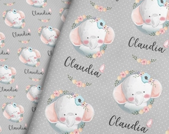 Watercolor Elephant Personalized Fabric - Gray / Custom Name Fabric / Baby Girl Fabric / Baby Name Fabric Print by the Yard & Fat Quarter