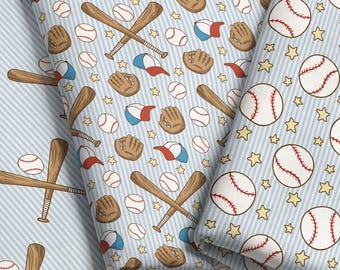 Baseball Fabric Collection – Boys Sports, Bats, Gloves, Hats, Stars – Choose Your Pattern, Material, Scale - by the Yard & Fat Quarter