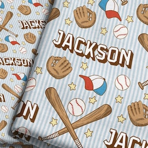 Gepersonaliseerde honkbalstof / stof met aangepaste naam / Gepersonaliseerde stof jongens / Ball Bat-handschoenen en -sterren Stof op maat gesneden en Fat Quarter