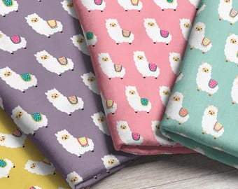 Alpaca Party Fabric by the Yard - Pick Your Color / Whimsy Colorful White Llama Fabric Print in Yards & Fat Quarters