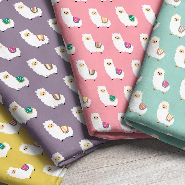 Tela de fiesta de alpaca cortada a medida: elige tu color. Estampado de llama blanca colorida y caprichosa en yardas y cuartos gordos.