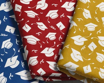 Graduation Fabric - Pick Your Color / Choose Your Material and Print Scale / Scatter Grad Caps Mortarboard Fabric by the Yard & Fat Quarter