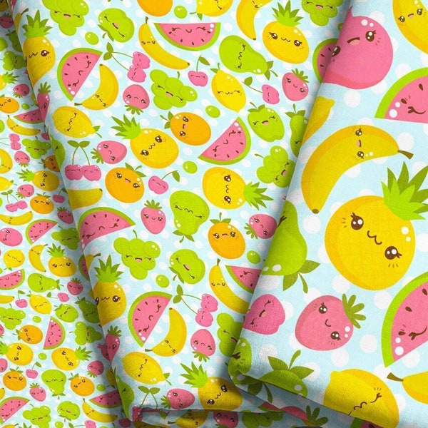 Kawaii Fruit Fabric By The Yard / Cute Fabric / Childrens Fabric / Kids Crafts / Summer Fruit Faces Fabric Print in Yards & Fat Quarter