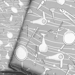 Hairdresser Fabric by the Yard - Gray | Retro Beauty Salon Fabric | Beauty Fabric | Hair Stylist Fabric Print in Yard & Fat Quarter