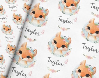 Watercolor Fox Personalized Fabric - White / Custom Name Fabric / Fox Portrait Fabric / Baby Name Fabric Print by the Yard & Fat Quarter
