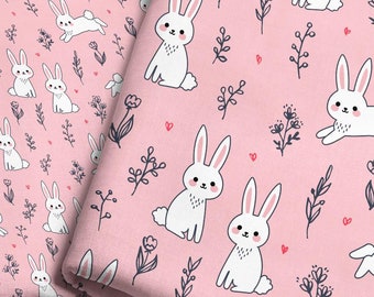 Spring Bunny Fabric by the Yard / Rabbit Fabric / Easter Fabric / Cute Fabric / Pink Floral Bunnies Print in Yard & Fat Quarter
