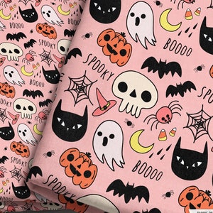 Spooky Cute Halloween Fabric - Pink / Kawaii Halloween Fabric / Ghosts Bats Cats Skulls Spiders Witch Fabric Print by the Yard & Fat Quarter