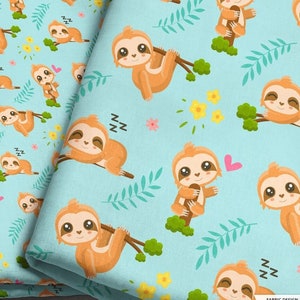 Lovable Sloth Fabric By The Yard / Cute Floral Animal Fabric / Childrens Fabric / Lazy Sloth Fabric Print in Yards & Fat Quarter