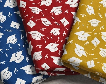 Graduation Fabric - Pick Your Color / Choose Your Material and Print Scale / Scatter Grad Caps Mortarboard Fabric by the Yard & Fat Quarter