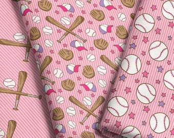 Pink Baseball Fabric Collection – Girls Sports, Bats, Gloves, Hats, Stars – Choose Your Pattern, Material, Scale - by the Yard & Fat Quarter