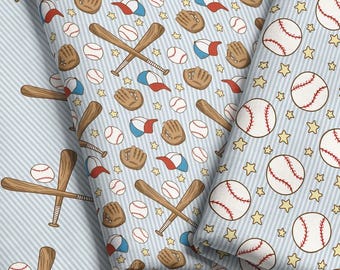 Baseball Fabric Collection – Boys Sports, Bats, Gloves, Hats, Stars – Choose Your Pattern, Material, Scale - by the Yard & Fat Quarter