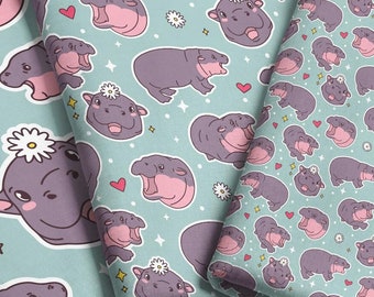 Cute Baby Pygmy Hippo Fabric / Adorable Hippopotamus Fabric Print on quilting cotton, jersey knit, minky, fleece in Yardage & Fat Quarter