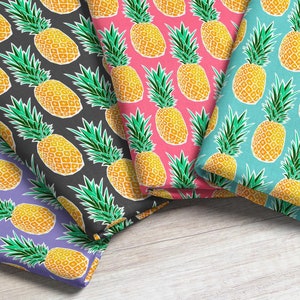 May include: Four fabric swatches with a repeating pattern of yellow pineapples with green leaves on different colored backgrounds: black, pink, blue, and purple.