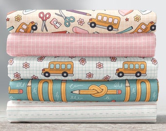 Collezione di tessuti School Things / Tessuto per insegnanti / Matite, Autobus, Tessuto a griglia / Tessuto moderno per il ritorno a scuola tagliato su misura e Fat Quarter