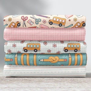 Schul Sachen Stoffkollektion / Lehrer Stoff / Bleistifte, Bus, Grid Stoff / Modern Back to School Stoff Meterware & Fat Quarter