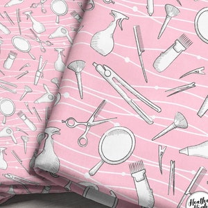 Hairdresser Fabric by the Yard - Pink | Retro Beauty Salon Fabric | Beauty Fabric | Hair Stylist Fabric Print in Yard & Fat Quarter