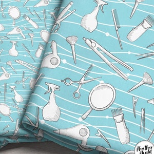 Hairdresser Fabric by the Yard - Blue | Retro Beauty Salon Fabric | Beauty Fabric | Hair Stylist Fabric Print in Yard & Fat Quarter