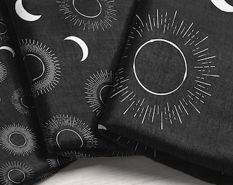 Solar Eclipse Fabric by the Yard - Faded Black and White / Moon Fabric / Sun Fabric / Sunburst Witch Fabric Dark Print in Yard & Fat Quarter