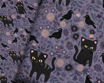 Black Cats and Ravens Fabric - Halloween Dark Kitten and Floral Print on cotton, knit, minky, and fleece Fabric by the Yard & Fat Quarter