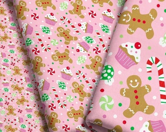 Christmas Sweets Fabric by the Yard - Pink / Gingerbread Fabric / Holiday Fabric / Cupcake Christmas Fabric Print in Yardage & Fat Quarter