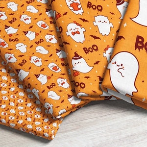 Boo Ghosts Fabric - Orange / Halloween Fabric / Spooky Cute Fabric / Kawaii Ghosts Fabric /  Bat Pumpkin Fabric by the yard and Fat Quarter