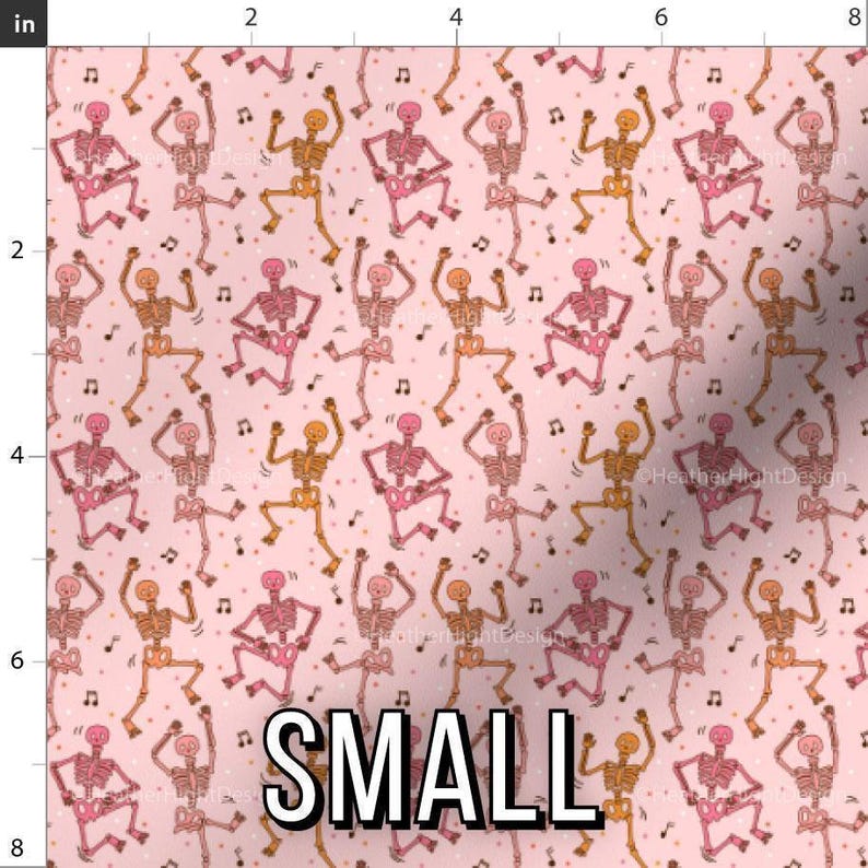Pink Skeleton Party Fabric by the yard - Retro Halloween Print, Dancing Skeletons in Pink & Orange, Perfect for Halloween Quilting and Decor Small