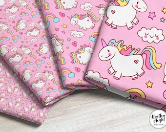 Pink Unicorn Fabric – Magical Kids Chubby Unicorn Print, Rainbow Mane (By The Yard / Fat Quarter)