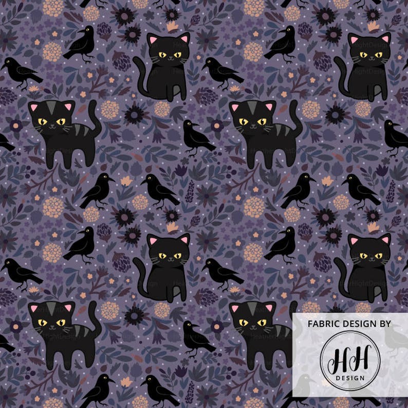 a pattern of black cats and birds on a purple background