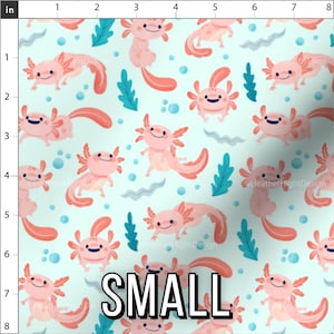 Print scale fabric preview of axolotl fabric in the Small print scale. Rulers display an 8 inch by 8 inch area