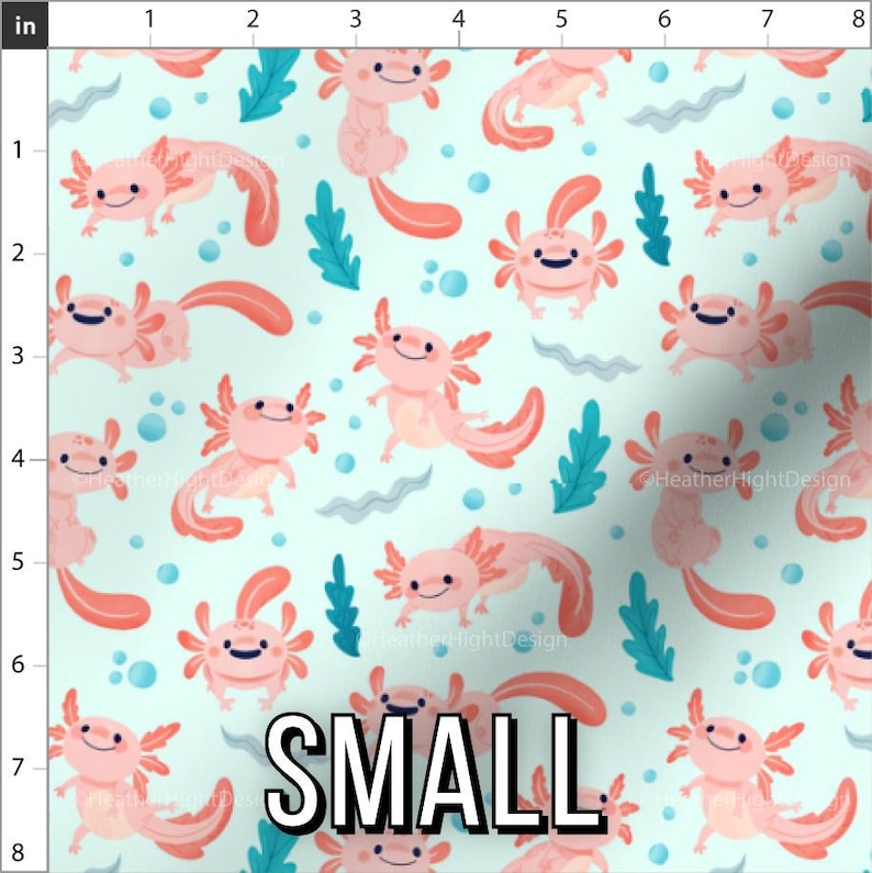 Print scale fabric preview of axolotl fabric in the Small print scale. Rulers display an 8 inch by 8 inch area