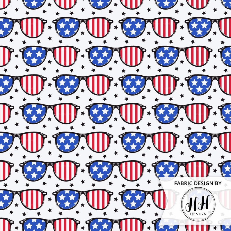 Patriotic Sunglasses Fabric White / USA Fabric /Glasses Fabric / 4th of July Fabric /American Flag Glasses Print By the Yard & Fat Quarter image 1
