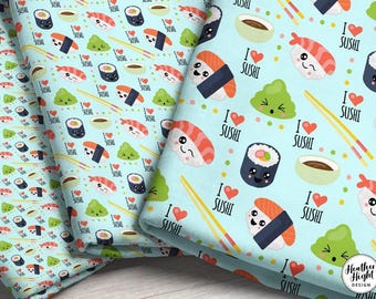 Kawaii Sushi Fabric By The Yard / Cute Smiling I Love Sushi print on quilting cotton, jersey knit, minky, fleece in Yards & Fat Quarters
