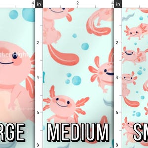 Print scale fabric preview of axolotl fabric in Large, Medium, and Small print scales. Rulers display an 4 inch by 8 inch area